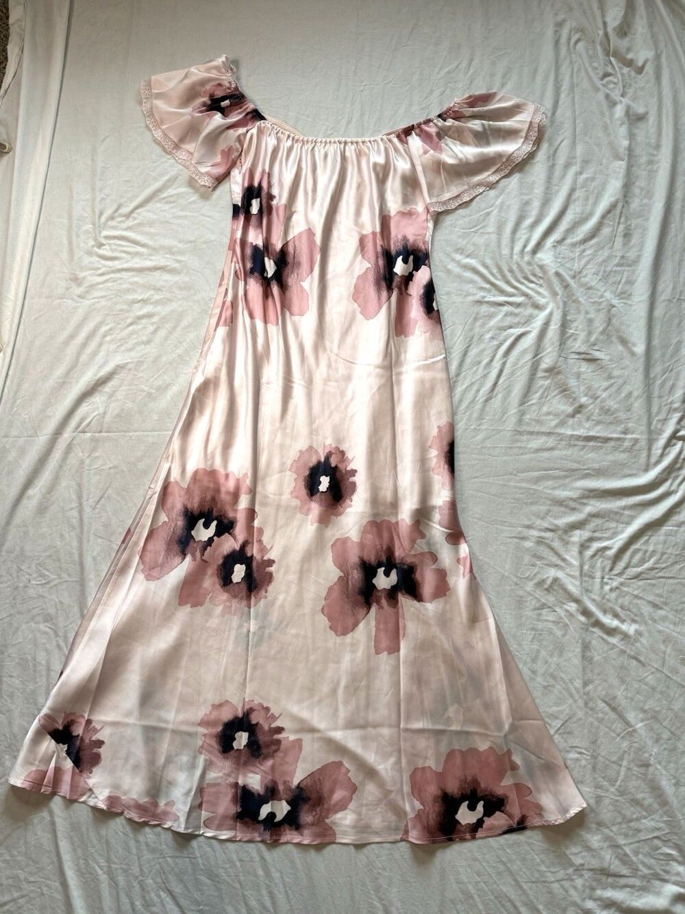 ASOS Satin Off Shoulder Size 12 Bardot Slip Dress Floral Pink Maxi Long Event - Picture 7 of 10